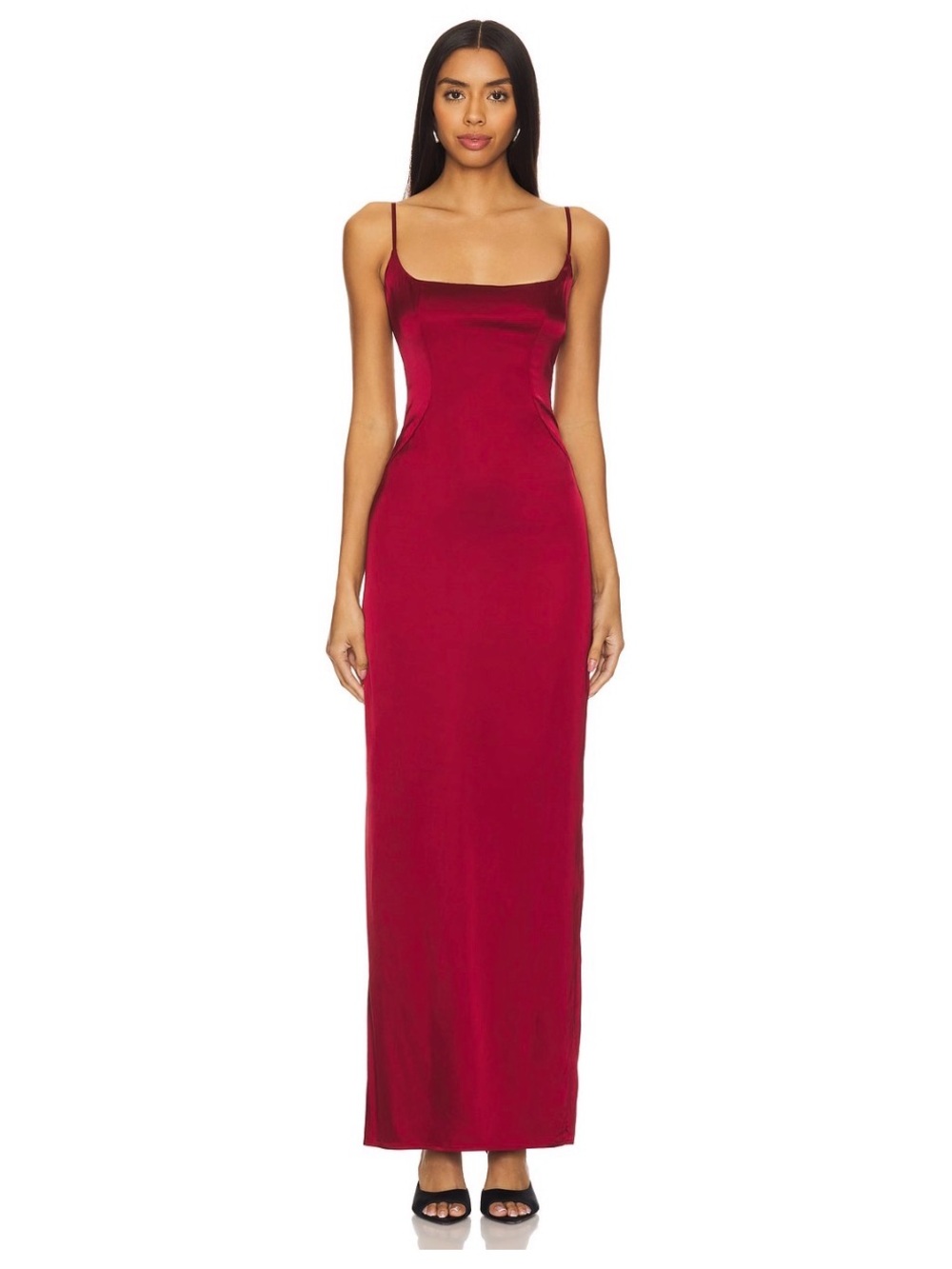 NBD Satin Spaghetti Strap Maxi Dress in Wine Red